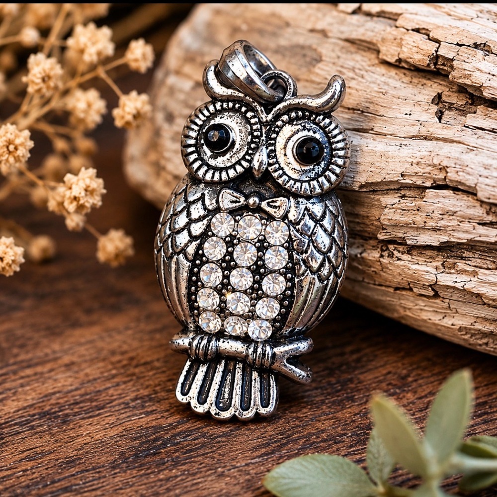 Vintage Rhinestone Owl Pendant Silver Tone Owl Charm Pendant Statement Jewelry